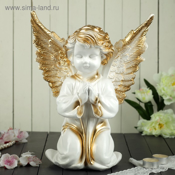 фото Статуэтка "ангел с крыльями", бело-золотая, 35 см premium gips