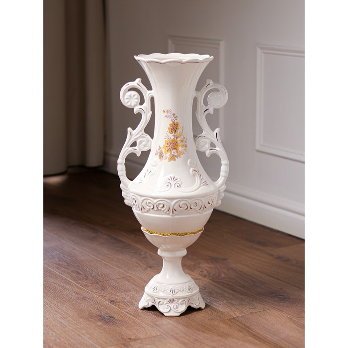 Ваза напольная "Феона" роспись, белая, ветка