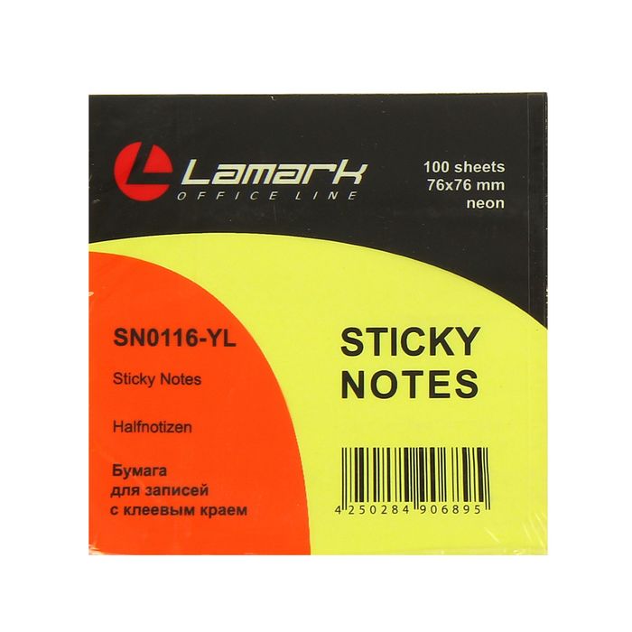 Блок с липким краем 76×76мм, 100 листов Lamark Neon, жёлтый