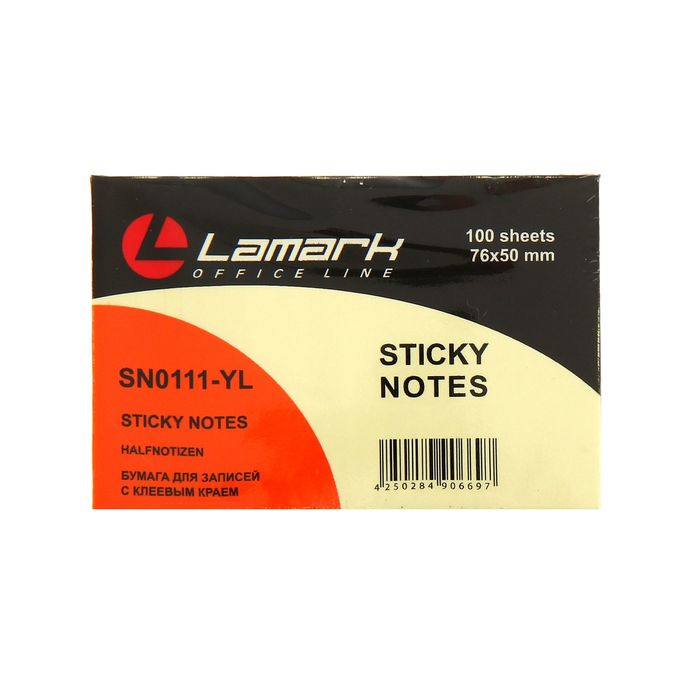 Блок с липким краем 51×76мм, 100 листов Lamark, жёлтый