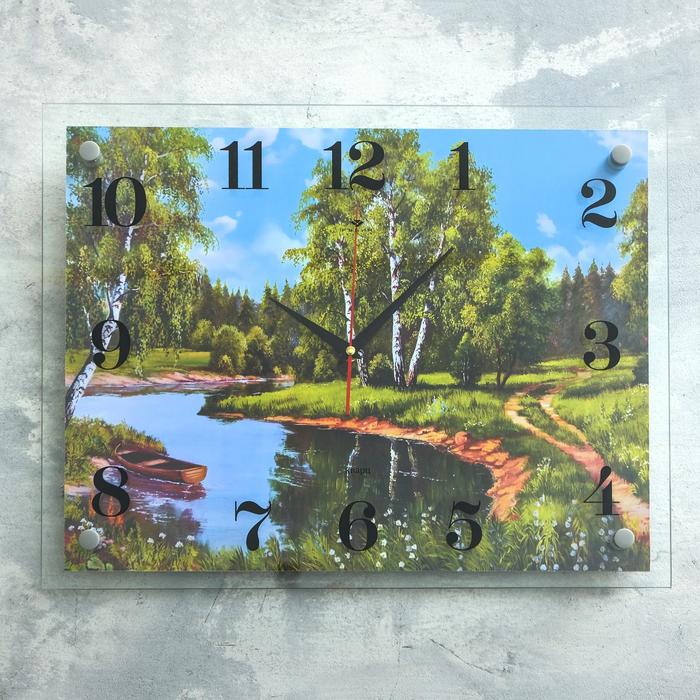 фото Часы настенные, серия: природа, "лодка на реке", 35х45 см, микс рубин
