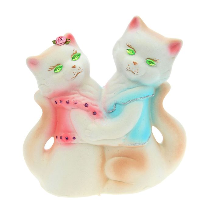 Копилка "Коты" пара, флок, белая, зелёные глаза