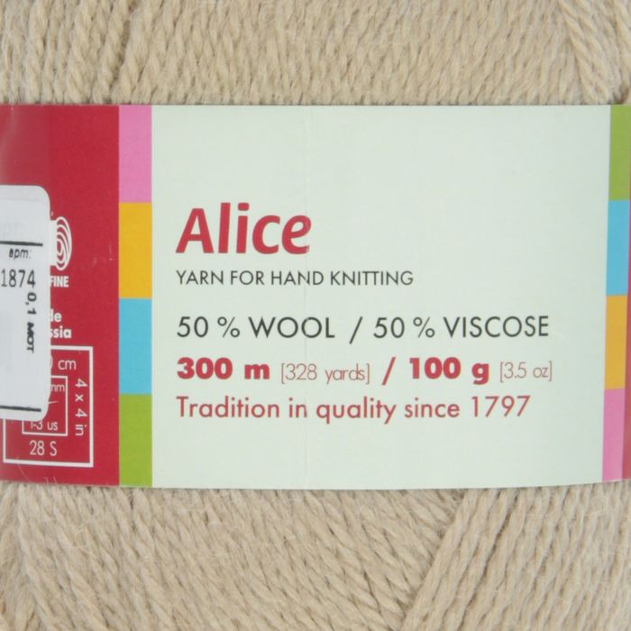 Пряжа "Алиса" 50% шерсть, 50% вискоза 300м/100гр (1874, светло-бежевый)
