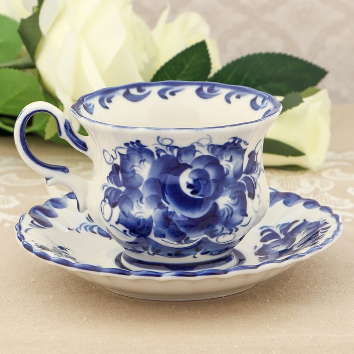 Чайная пара «Бабочка», гжель, кобальт, 200 мл