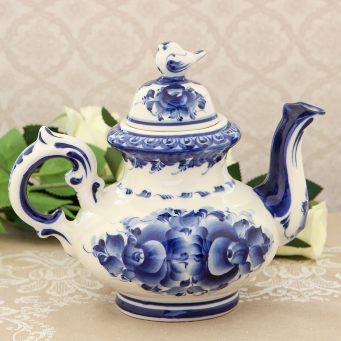 Чайник «Воробей», гжель, кобальт