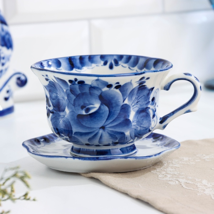 Чайная пара «Мак», гжель, кобальт