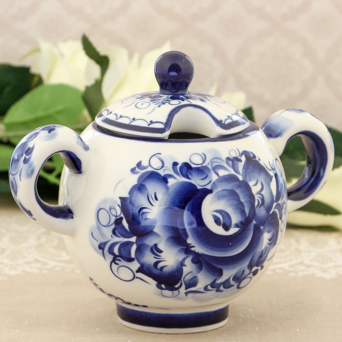 Сахарница с ручками «Шар», гжель, кобальт