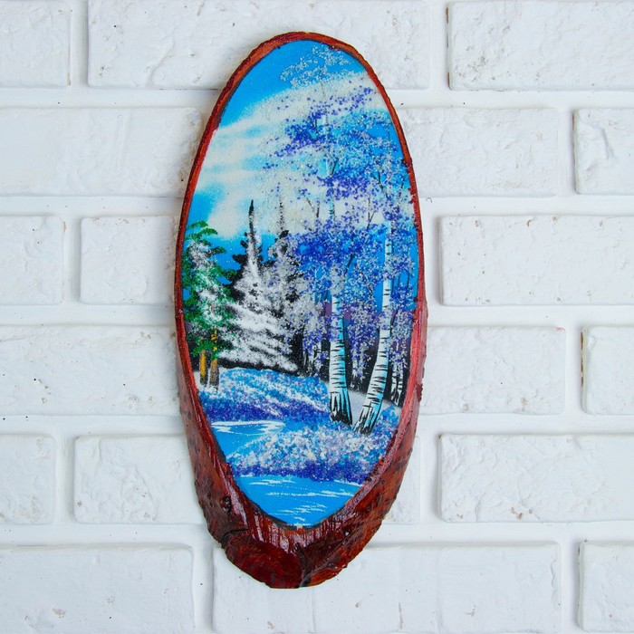 Картина Зима на срезе дерева 35 х 16 х 2 см, каменная крошка