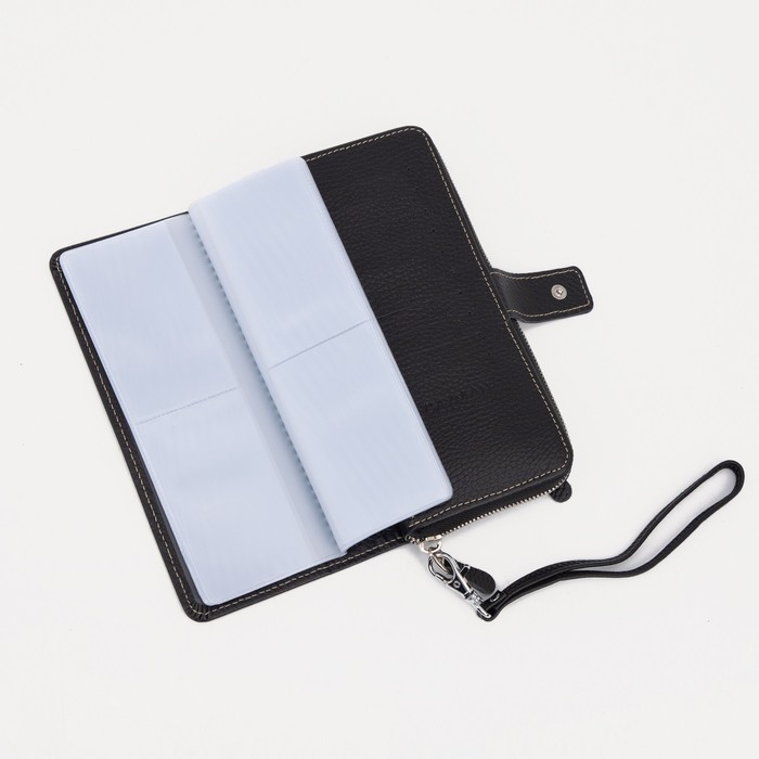 Портмоне-визитница на молнии, 3 отделения, отдел для монет, флотер, чёрный