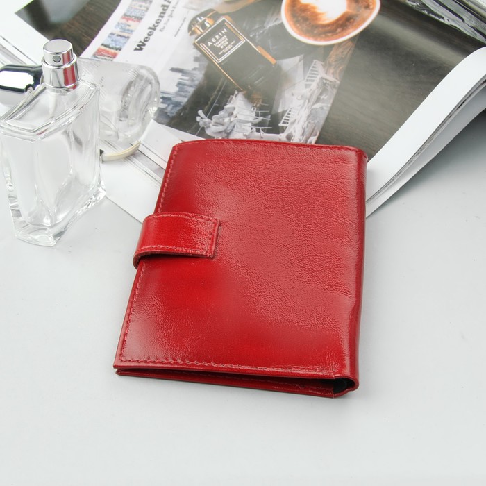 Обложка для автодокументов на кнопке, отдел для купюр, красный глянцевый