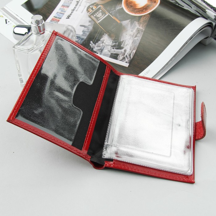 Обложка для автодокументов на кнопке, отдел для купюр, красный глянцевый