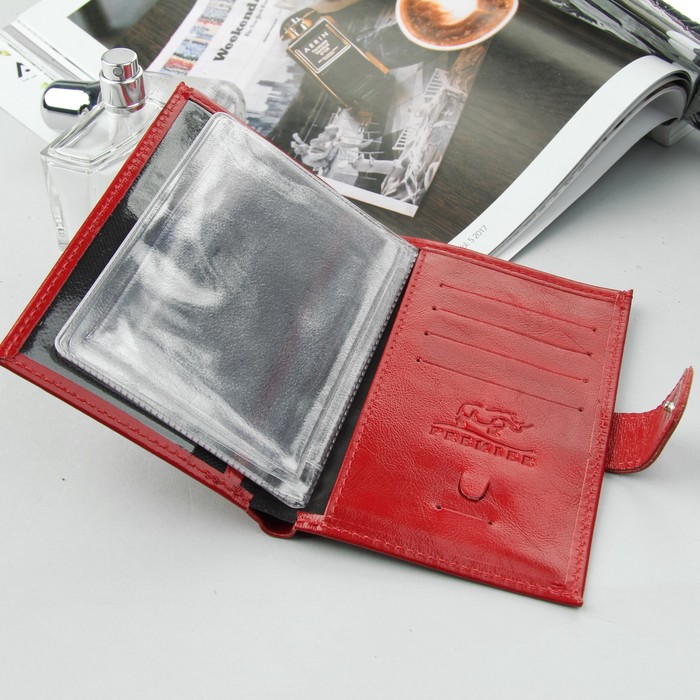 Обложка для автодокументов на кнопке, отдел для купюр, красный глянцевый