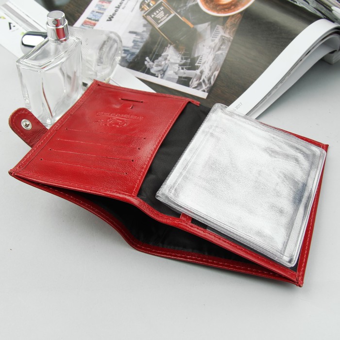 Обложка для автодокументов на кнопке, отдел для купюр, красный глянцевый