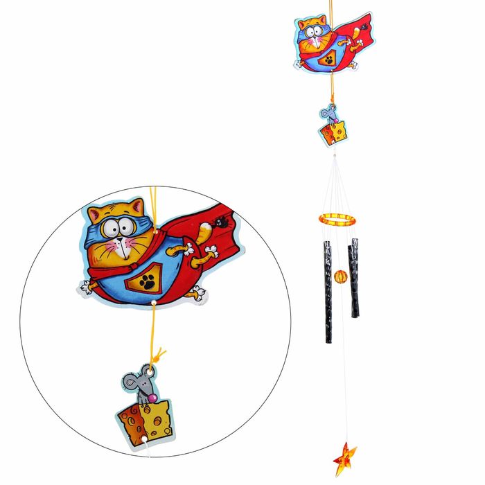 Музыка ветра "Котэ супергерой", 4 трубки, 10 х 50 см