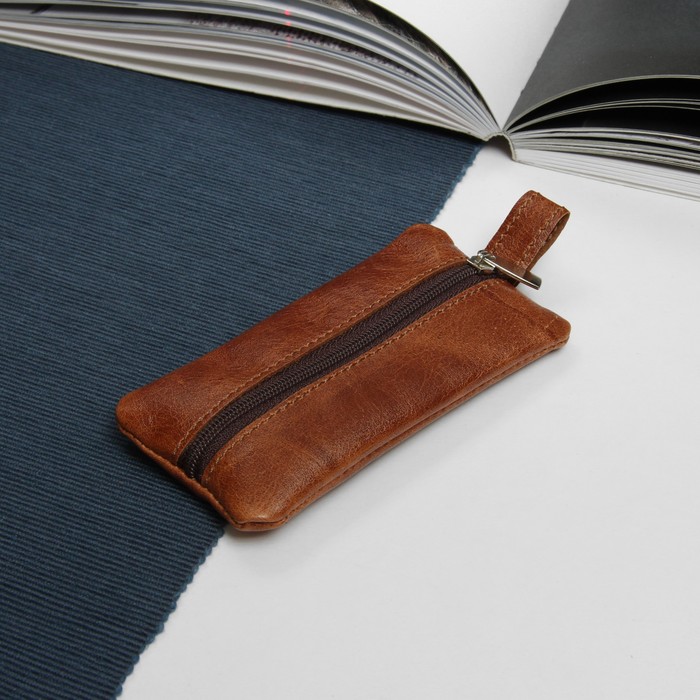 Ключница на молнии, металлическое кольцо, коричневый матовый