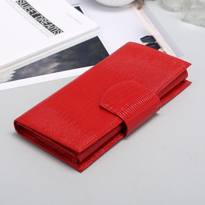 Кошелёк женский на кнопке, 2 отдела, отдел для карт, красная ящерица