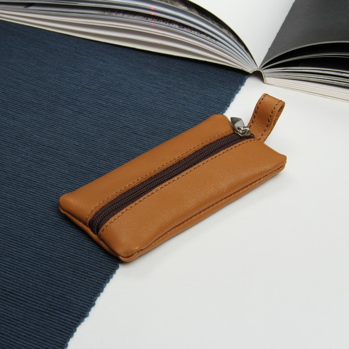 Ключница на молнии, металлическое кольцо, коричневый матовый