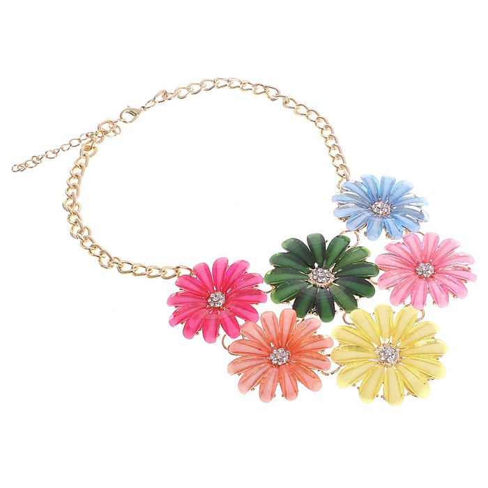 Колье "Цветы" 6 ромашек, цветное в золоте, 45 см