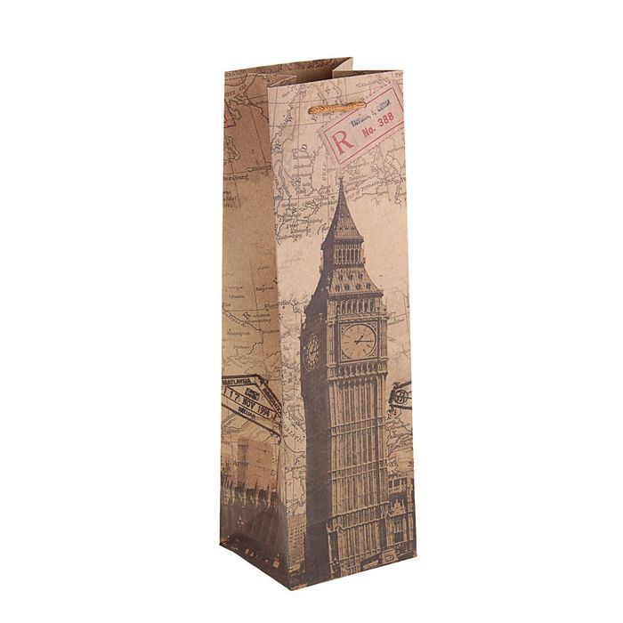Пакет подарочный под бутылку "Лондон", 11 х 10 х 36 см