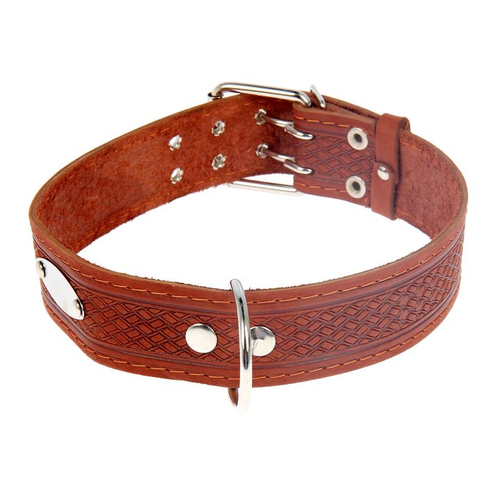 Ошейник кожаный тисненый однослойный, 69 х 4,5 см, с табличкой, микс цветов