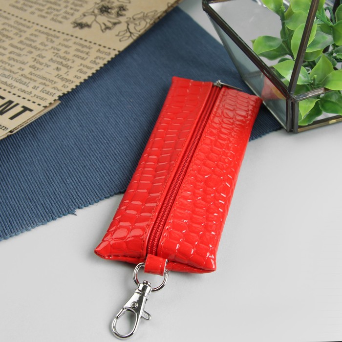 Ключница на молнии, металлическое кольцо, карабин, красная рептилия