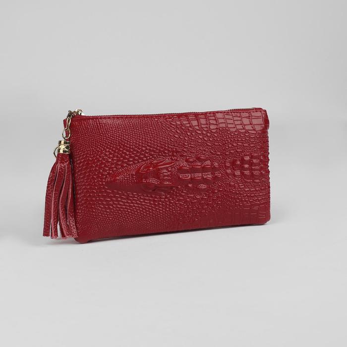 Клатч женский "Хищница", 2 отдела, 1 отдел на молнии, наружный карман, ручка, глянцевый, цвет бордовый