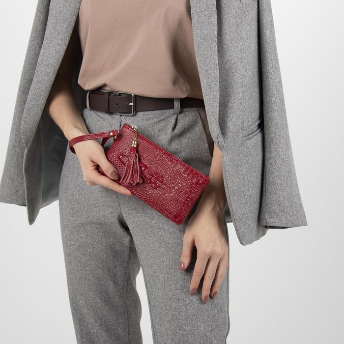 Клатч женский "Хищница", 2 отдела, 1 отдел на молнии, наружный карман, ручка, глянцевый, цвет бордовый