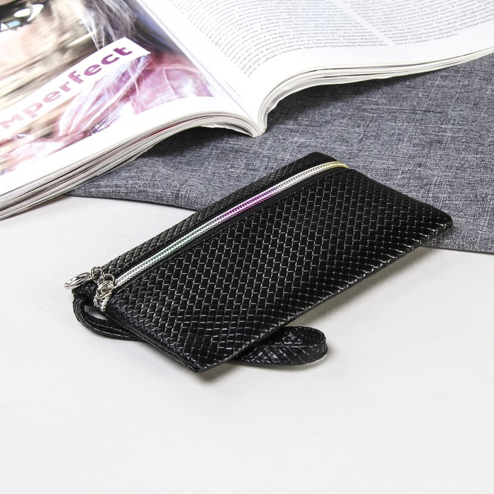 Кошелёк женский "Плетёнка", 1 отдел, ручка, глянцевый, цвет чёрный