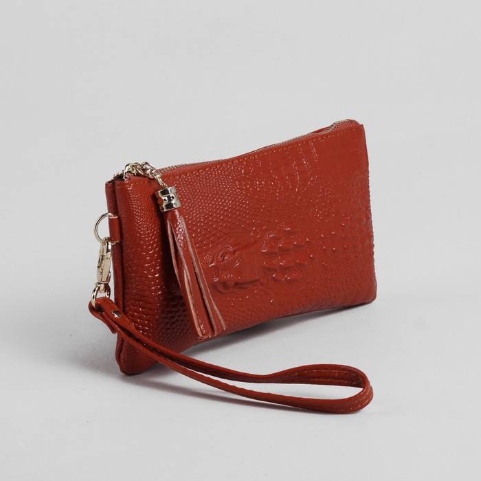 Клатч женский "Хищница", 2 отдела, 1 отдел на молнии, наружный карман, ручка, глянцевый, цвет рыжий