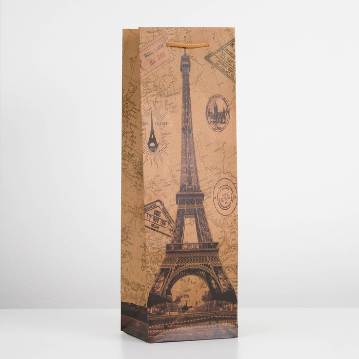 Пакет подарочный под бутылку "Эйфелева башня", 11 х 10 х 36 см