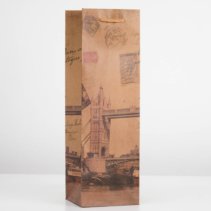 Пакет подарочный под бутылку "Лондон", 11 х 10 х 36 см