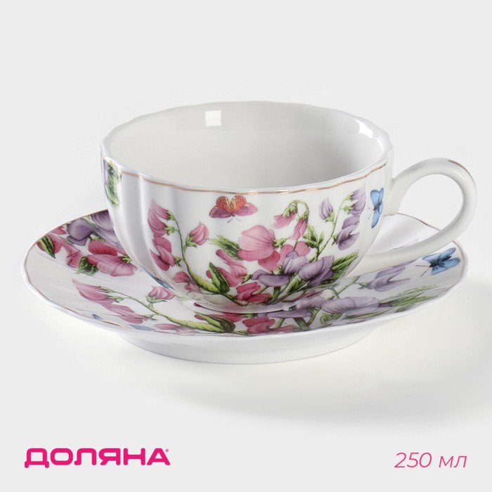 Чайная пара керамическая Доляна «Колокольчики», 2 предмета: чашка 250 мл, блюдце d=15 см, цвет белый чайная пара керамическая шебби 2 предмета чашка 250 мл блюдце d 15 см