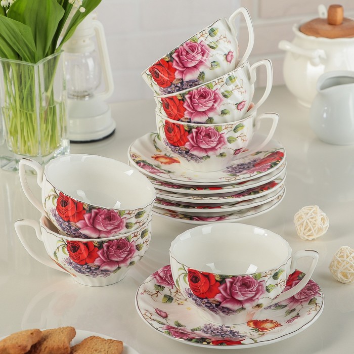Сервиз чайный 12 пред. "Пышный букет": 6 чашек 180 мл, 6 блюдец