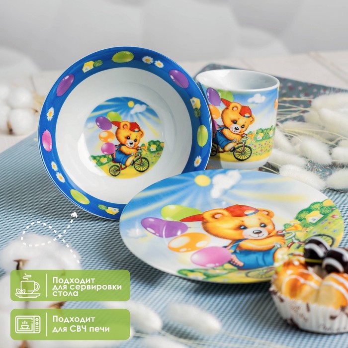 фото Набор детской посуды из керамики доляна «мишка на велосипеде», 3 предмета: кружка 230 мл, миска 400 мл, тарелка d=18 см