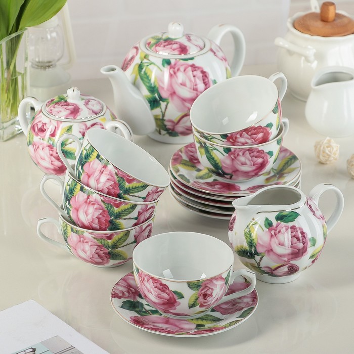 Сервиз чайный "Роза в зелени", 15 предметов: 6 чашек 220 мл, 6 блюдец d=14 см, чайник 800 мл, молочник, сахарница
