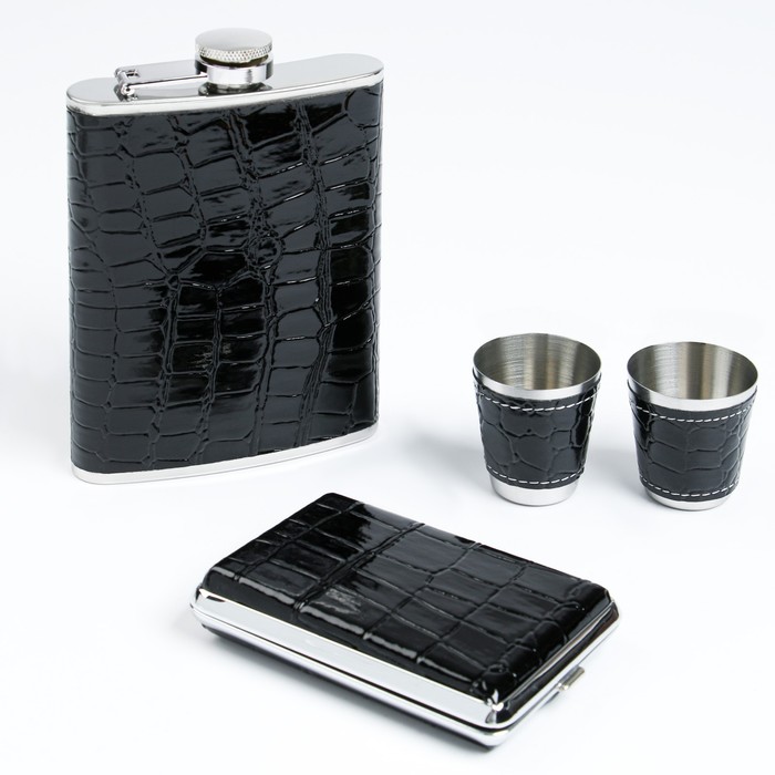 Подарочный набор 6 в 1 "Чёрный питон": фляжка 240 мл + 4 рюмки, футляр