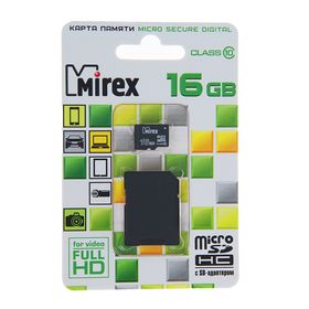 

Карта памяти Mirex microSD, 16 Гб, SDHC, класс 10, с адаптером SD