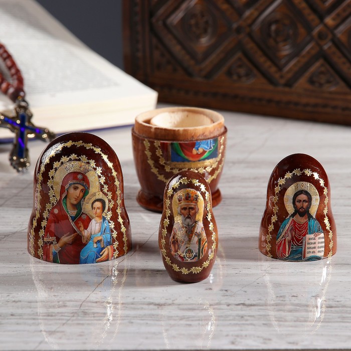 Матрёшка «Православная», 3 кукольная, Иверская, Спас, Николай Чудотворец