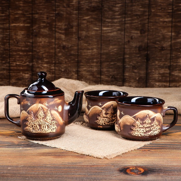 Чайный набор "Чай вдвоем" коричневая лепка, 3 предмета: чайник 0,7 л, кружки 0,35 л