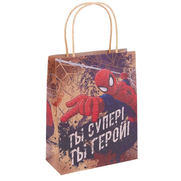 Пакет вертикальный крафт "Ты герой!", Человек-паук, 18 х 23 см
