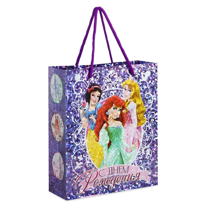Пакет голография вертикальный "С днем рождения!", Принцессы, 23 х 27 см