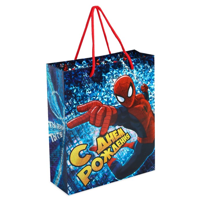 Пакет голография вертикальный "С днем рождения!", Человек-паук, 23 х 27 см