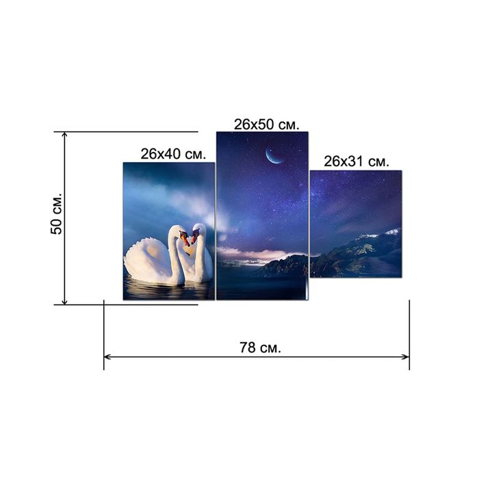 Модульная картина на подрамнике "Лебеди в ночи", 26×50 см, 26×40 см, 26×32 см, 50×80 см