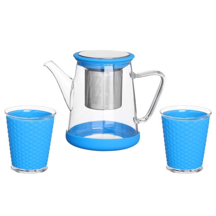 Набор "Воздух": чайник заварочный 800 мл, 2 стакана 200 мл с силиконовыми вставками, цвет синий