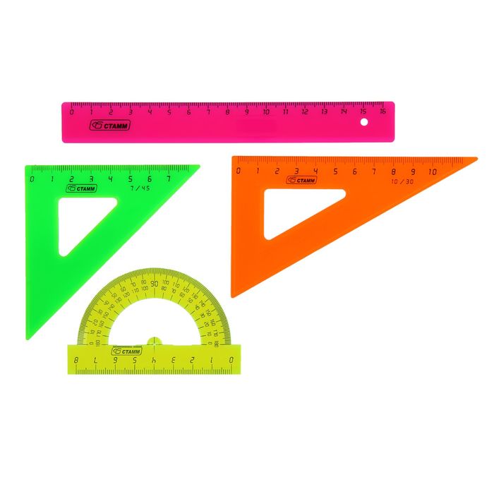 Набор геометрический Стамм Neon, малый: линейка 16 см, треугольник 7 см 45°, треугольник 10 см 30°, транспортир 8 см 180°.