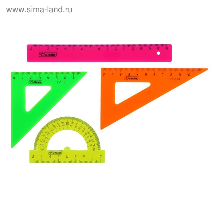 фото Набор геометрический малый: линейка 16 см, треугольник 7 см 45*, треугольник 10 см 30*, транспортир 8 см 180*. neon стамм