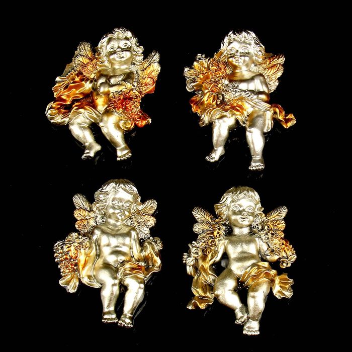 Магнит "Ангелочек с цветами" под бронзу с золотыми крыльями МИКС