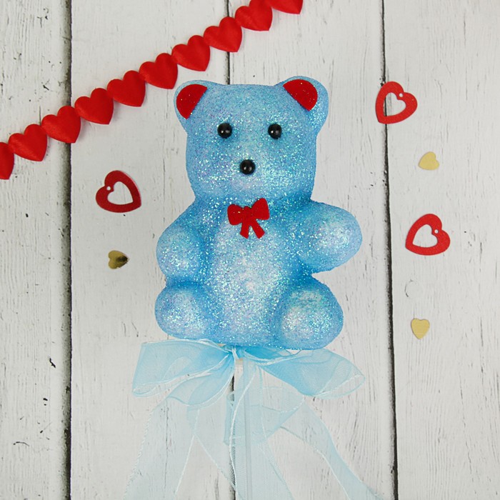 Аксессуар на палочке "Мишка" голубой цвет с бантом и лентой