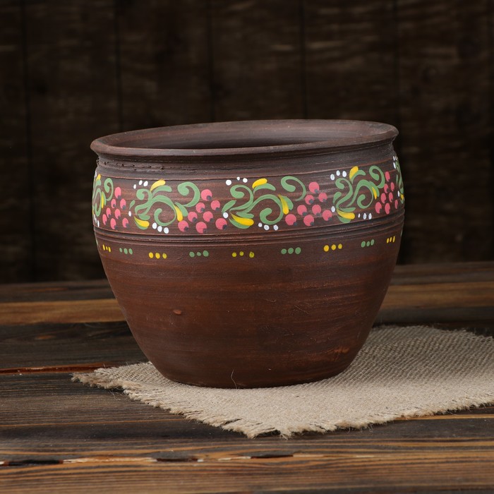 Горшок для цветов 2 л, рисунок, красная глина, микс