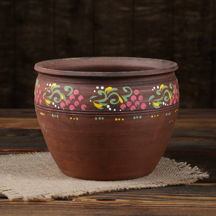 Горшок для цветов 2 л, рисунок, красная глина, микс